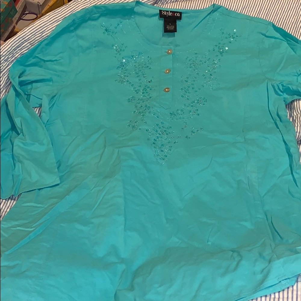 Style & Co sequin embossed Caribbean blue tunic